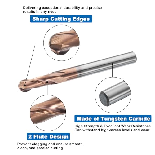 Image of HARFINGTON 5 Pcs Ball Nose End Mill 2 Flute 1 /4 inch Diameter 1 /4 inch Shank Tungsten Carbide TiAlN Coated Spiral CNC Router Bits 3 /4 inch Cutting Length Single End Ball for Carving Engraving Grinding
