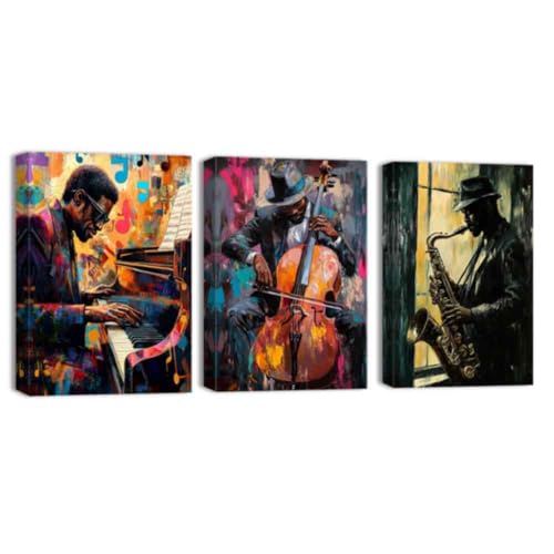 ZQQART Lot de 3 toiles murales noires jazz jouant des instruments de musique – Peinture afro-américaine pour salle de classe – Décoration encadrée...