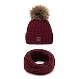 Strickmütze & Loop Großer Kunstfell Bommel II Winter Set Beanie und Loopschal 2-in-1 II Warme Termo Winter Set Kuschelig (Weinrot), Einheitsgröße