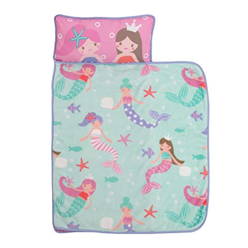Image of Everything Kids Pink and Aqua Mermaid Toddler Nap Mat with Pillow and Blanket