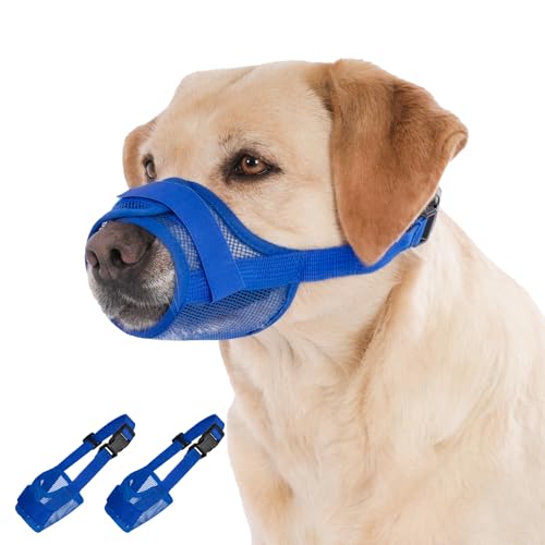 Soft Mesh Dog Muzzle 2-Pack, No Bite Escape-Proof Design, Breathable Adjustable for Aggressive Dogs & Chewing Prevention – Vet-Approved for Grooming, Training, Small Medium Large Breeds (Blue, L)