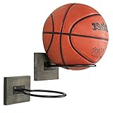 MyGift Wall Mounted 2 Pack Sports Ball Holder - Gray Wood and Black Metal Home Gym Basketball Football Volleyball Soccer Ball Display Rack