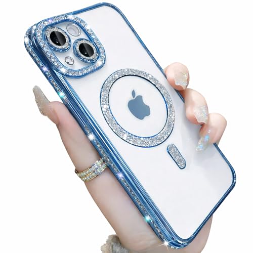 Image of DIZORO Compatible with (iPhone 15 Plus Case) Clear Luxury Diamond Glitter Case |Camera Lens Protector with Glitter Ring | Premium Shockproof Glossy Shiny Back Cover Case for Girls Women -Blue