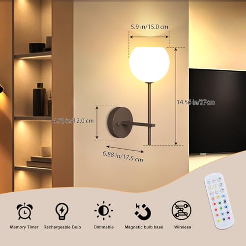 Image of Brown Battery Operated Wall Sconces Set of 2, Rechargeable Wireless Wall Lights with Milky White Frosted Glass, 12 RGB and 3CCT Dimmable Wall Lamps with Remote for Bedroom Living Room Hallway