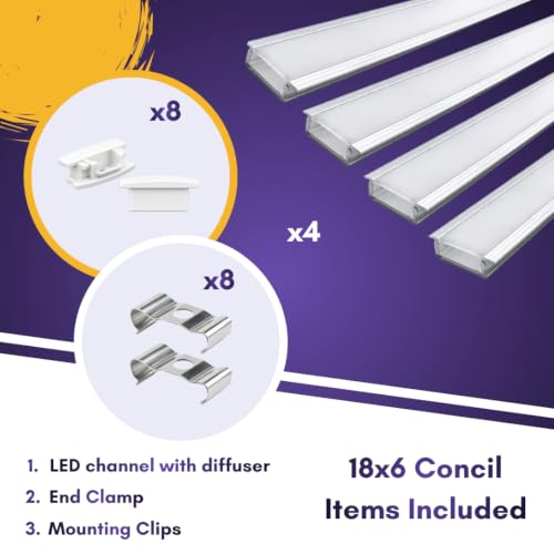 Image of Lighting 18x6mm LED Strip Lights 1 Meter Aluminium Rectangular Concealed Profile Light Channels with Diffused Cover, End Caps and Mounting Clips Without LED Straight Linear, (Pack of 4)