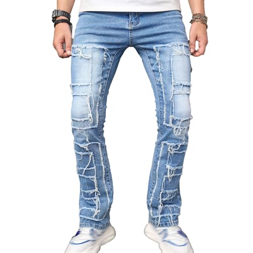 Maiyifu-GJ Jeans for Men Tassels Decoration Straight Fit Casual Patchwork Denim Trousers Stretch Street Style Denim Pants (Blue1,XX-Large)