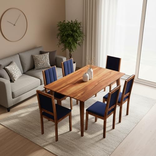 Image of Sheesham Wood Dining Table 6 Seater | Wooden Six Seater Dinning Table with Blue Cushion Chairs | Dinner Table 6 Seater | Dining Room Sets | Natural Finish