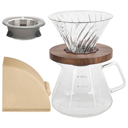 Junrvivy Juego de filtros de mano de café, jarra de vidrio borosilicato de 600 ml, 100 piezas V02 filtros de papel, papel de filtro de café, posavasos, tapas, verter sobre goteo, café filtrado a mano