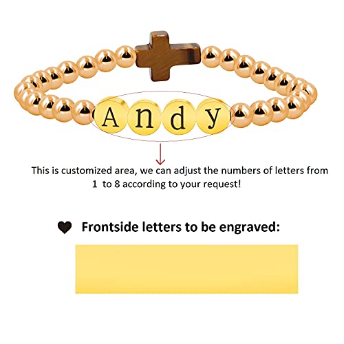 Image of Uloveido Black Agate Side Cross Bracelet Mustard Seed Charms, Personalized Letter A-Z Tiger's Eye Bangle Y944