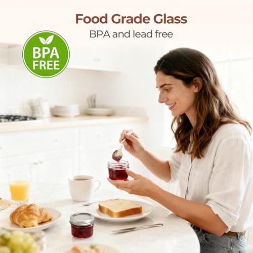 Image of ComSaf Small Regular Mouth Mason Jars Bulk 4oz 24PCS Mini Mason Containers, Small Canning Jars, 4 oz Glass Jar with Lids for Mustards, Dipping Sauces, Jelly, DIY Candle Decor, Wedding Shower Favors