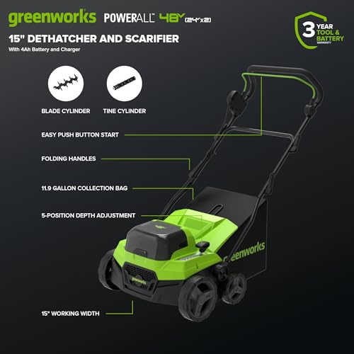 Image of Greenworks 48V (24V x 2) 15 inch Cordless Lawn Scarifier & Dethatcher, Includes (2) 4.0Ah Batteries & 65W Charger, Adjustable Depth Lawn Groomer, Yard Thatch Grass Remover for Backyard, Garden Care