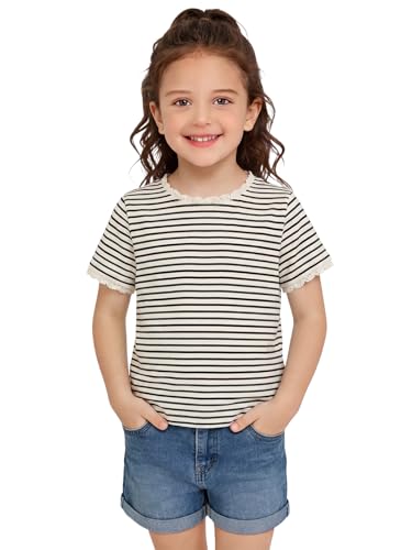 Haloumoning Toddler Baby Girls Striped Short Sleeve T-Shirts Kids Ribbed Knit Ruffle Trim Tops Tees Blouse 9M-8Y Apricot