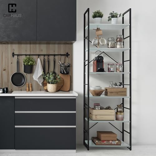 Image of CAPHAUS 6 Tier Bookshelf, 24 Inch Width Free Standing Shelf, Bookcase Shelf Storage Organizer, Industrial Book Shelves for Home Office, Living Room, Kitchen, White Shelves & Metal Frame