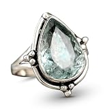 Aquamarine 925 Sterling Silver Ring for Women - Boho Natural Genuine Blue Stone Statement Handmade Ring (Size 8)