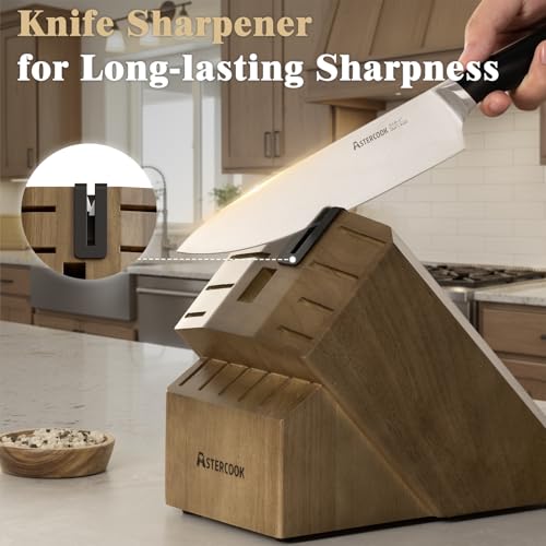 Image of Astercook Knife Set, Kitchen Knives Set with Block and Sharpener Full Tang 17 Pcs German Stainless Steel Knives Sharp Blade Dishwasher Safe Premium Knife Set, Black Father Day Gifts for Men