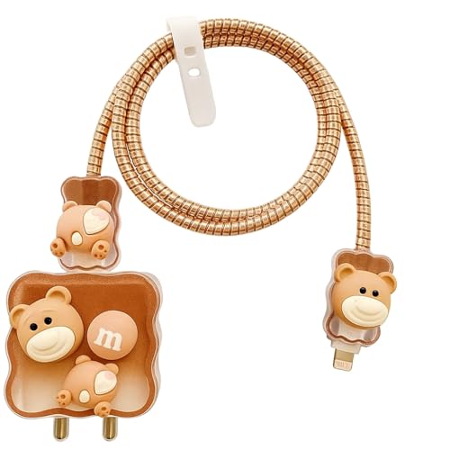 Image of Dezet for iPhone Charger 18-20W Cute Cartoon Charging Cable Protector Set for iPhone Fast Charging USB Cable with Protective Silicone Cover & Organizer Clip Stylish Design (M 11 BROWN)