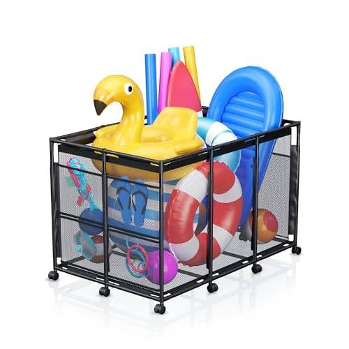 Pool Float Storage - Rolling Mesh Pool Storage Bin for Noodles, Goggles, Floats & Balls, XXL Large Outdoor Pool Toy Organizer with Wheels for Swimming Accessories, Black