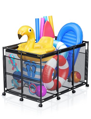 Kompoll Pool Float Storage - Rolling Mesh Pool Storage Bin for Noodles, Goggles, Floats & Balls, XXL Large Outdoor Pool Toy Organizer with Wheels for Swimming Accessories, Black