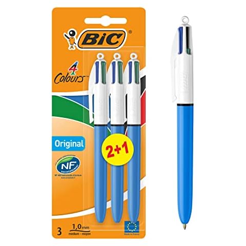BIC 4 Colours Original, Retractable Ballpoint Pens, Ideal for School, Medium Point (1.0mm), Multi-coloured, Pack of 3 Cover