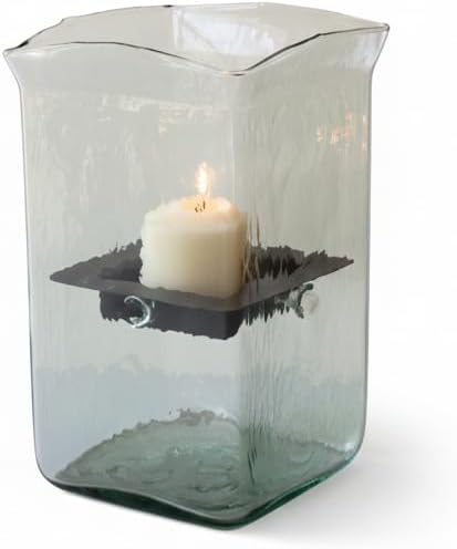First of a Kind Large Glass Candle Holder - Recycled Square Hurricane Candle Holder with Rustic Metal Insert - Mouthblown in Colombia, Handwash Recommended
