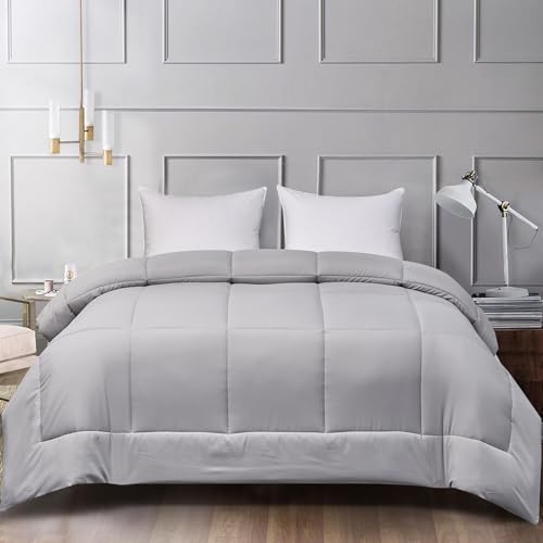 Blue Ridge Home Fashions All Season Comforter Twin Size, GentleSoft Down Alternative Duvet Insert, Breathable Quilt Bed Comforter for Adult/Students Machine Washable Blanket,White/Platinum