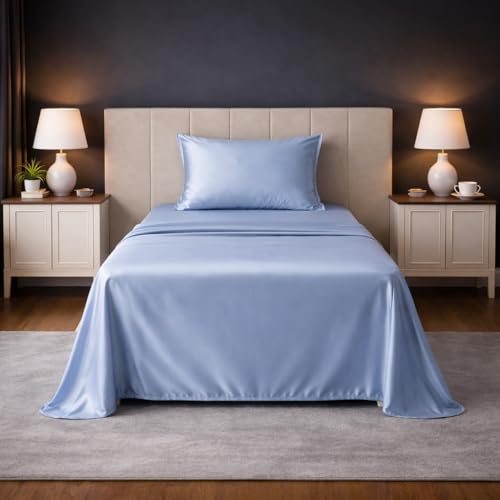 Image of LANE LINEN 100% Cotton Satin Fantasy Bedsheet Single Size - French Blue