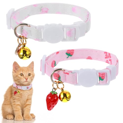 Tyqour 2pcs Pink Cute Cat Collars for Girl Cats Kitten Collar with Bell Small Cats Collars with Strawberries Heart Adjustable Cat Collar for Girl Little Puppy Dog