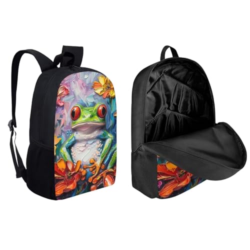 PinUp Angel Red Eye Tree Frog Print Cute Kids School Backpack with Lunch Bag and Pencil Bag, Elementary Middle Bookbag Teenager Oil Painting Artistic Animal Patterned School Bag2