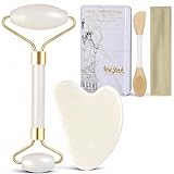 Real Perfection Gua Sha Facial Tools Face Roller for Wrinkles Jade Roller and Gua Sha Set, Scrubber Pore Brush Headband Skin Care Tools for Travel Skincare Routine Massaging Reducing Puffiness - White