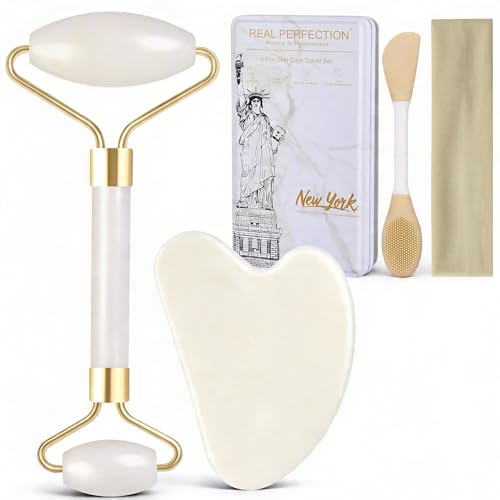 Real Perfection Gua Sha Facial Tools Face Roller for Wrinkles Jade Roller and Gua Sha Set, Scrubber Pore Brush Headband Skin Care Tools for Travel Skincare Routine Massaging Reducing Puffiness - White