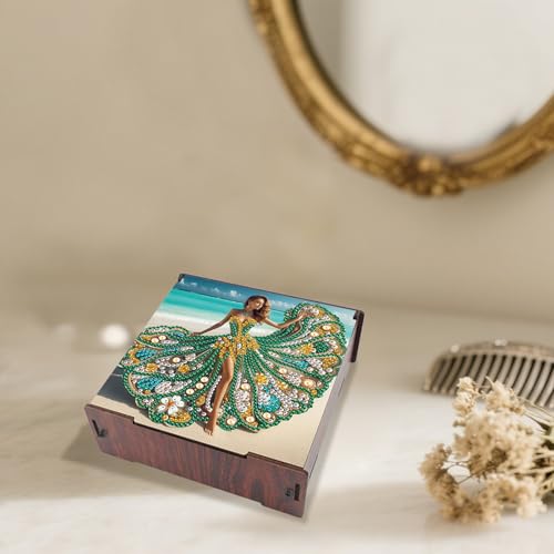 Image of DIY Diamond Art Storage Box, Beach Lady Design Wooden Diamond Painting Organizer with Flip-Top Lid and 4 Compartments, for Craft, Jewelry, and Desktop Storage, Table Decoration Gift Accessories