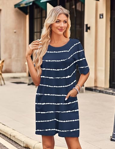 Image of Ekouaer Sleep Shirts for Women Nightgown Short Sleeves T shirt Night Dress Round Neck Womans Nightgown with Pocket S-XXL