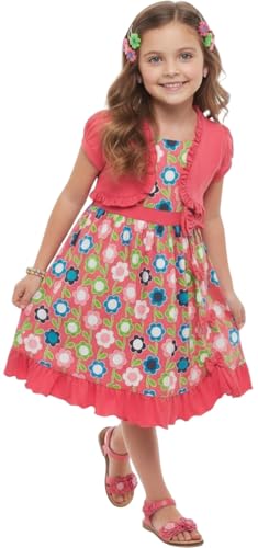 Image of ToBeInStyle Girls Two Piece Short Sleeve Dress and Matching Bolero Crop Cardigan Assorted Prints Cotton Blend Summer Outfit