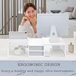TEAMIX Double moniteur Riser Stand avec 2 Tiroirs - Longueur et angle réglables de l'écran blanc avec stockage Grand Riser pour 2 Moniteurs/Laptop/PC, Organisateur de comptoir d'écran de bois/TV