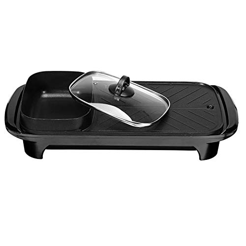 220V Elektrischer Grill mit Hot Pot / 2-in-1 rauchfreiem Antihaft-Grill Grillpfanne Multifunktions-Shabu mit Grilldeckel und Glasdeckel für 2-3