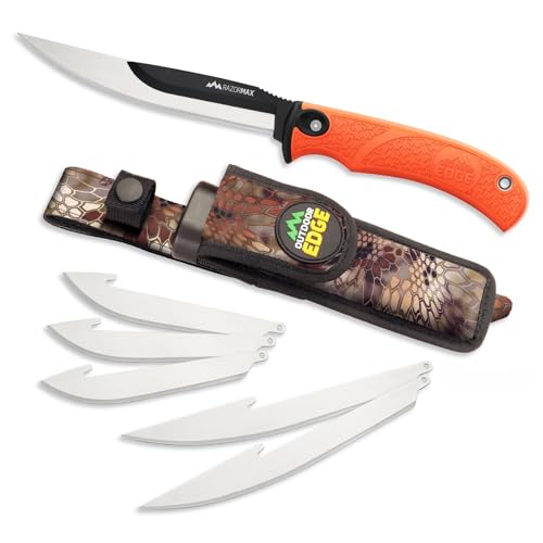 OUTDOOR EDGE RazorMax - Replaceable Fixed Blade Hunting Knife with 3.5' Drop-Point, 5' Boning/Fillet Blades, Belt Sheath and Detachable Blade Carrier (Orange, 6 Blades)
