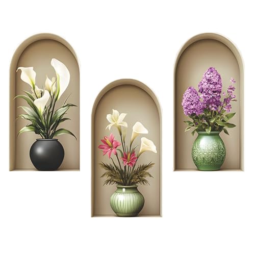 Auriselle 3 piezas 21 * 39 cm Adhesivos decorativos con motivos de plantas y jarrones de flores Adhesivos 3D para paredes con plantas verdes y hojas Adorno moderno para salón, oficina, hotel o cocina