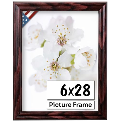 Cherry 6x28 Picture Frame .75" Inch Wide - Cherry Wall Decor Handmade Solid Wood Frames with Preinstalled Hangers and UV Blocking Plexiglass 28x6 Frame
