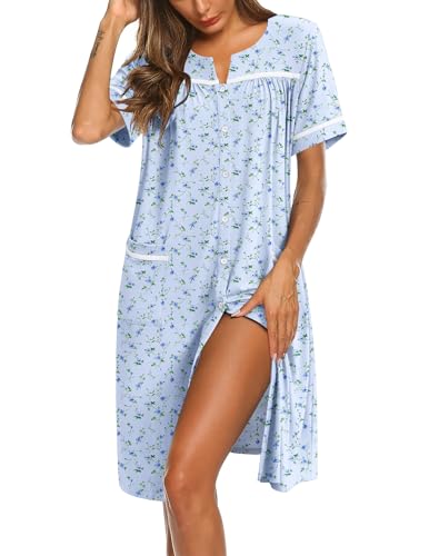 Image of Ekouaer Nightgowns for Women House Dress with Pockets Button Down Sleepshirt Short Sleeve Nightshirt Housecoat