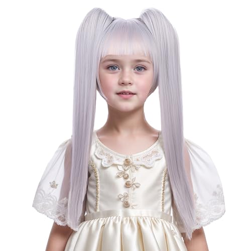 DUDUWIG Girls Silver Gray Wig Kids Long Silver Grey Straight Wig with Bangs Child Ponytail Synthetic Wigs Cosplay Hair Wigs