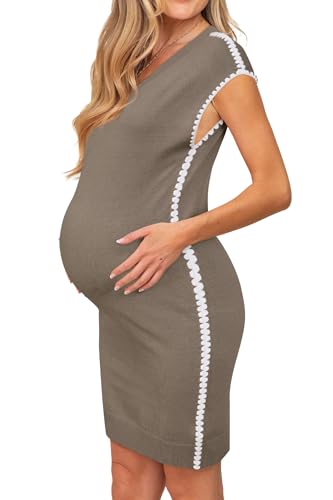 OUGES Womens Spring Summer Maternity Dress Clothes for Baby Shower Pregnancy Must Haves Cap Sleeve V Neck RIC Rac Knit Casual Midi Sweater Dress Business Outfits 2025 Vest(Coffee,L) — view 2