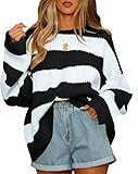 ZESICA Women's 2023 Fall Long Sleeve Crew Neck Striped Color Block Comfy Loose Oversized Knitted Pullover Sweater,BlackStriped,Medium