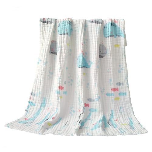 Image of BILLAMB Muslin Baby Bath Towel 2 Pieces 41.3X41.3 Inch Baby Cotton Gauze Towel Quilt Newborn Bath Towel 6 Layers Gauze Cotton Soft Ventilate Children Bath Towel Large Baby Towels (Blue Whale)