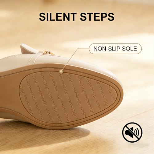 Image of MUSSHOE Gold Buckle Mules for Women - Comfortable Memory Foam Loafers, Classy Slip On Flats for Office Business Casual, Dressy Pointed Toe Shoes