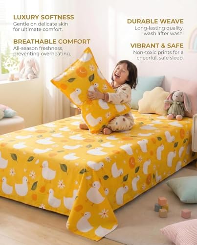 Image of RD FABS Glace Cotton Wrinkle Free Soft Hypoallergenic Single Bed Sheet with 1 Pillow Cover | Cartoon Printed | Kids Bedsheet for Boys & Girls Room | 60x90 Inches | Yellow | Duck | 144 tc