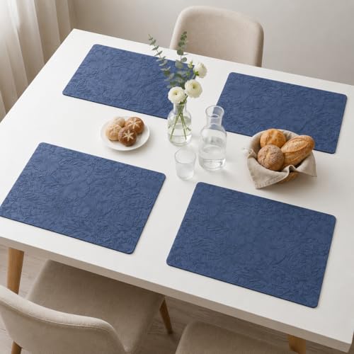 Image of Yelona Premium Faux Leather Placemat Set of 4 | Printed Floral Design, Waterproof & Heat Resistant Table Mat | Non-Slip, Washable for Dining, Kitchen & Home Decor (Dark Blue, 43 x 30 cm)