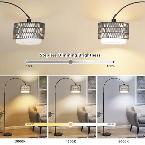 Image of Boho Floor Lamps for Living Room, Arc Floor Lamp for bedroom with Remote and Dimmable Bulb, Over Couch Standing Lamp, Farmhouse Tall Lamp with 3 Color Temperatures, Height Adjustable Corner Floor Lamp