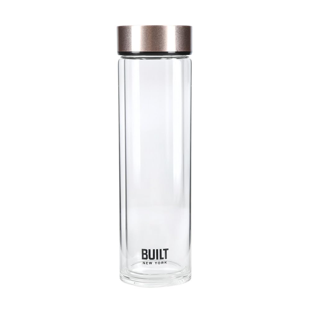 Built Glass Water Bottle, Stainless Steel Flask, Rose Gold, 450ml
