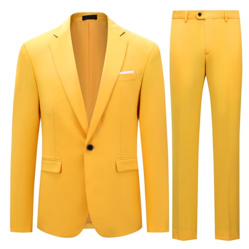 Costume Homme Mariage Blazer Affaire Cérémonie Slim fit Veste et Pantalon Deux pièce, Jaune, M