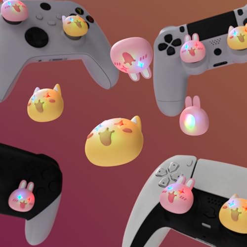 Image of PlayVital Cute Universal Illuminated LED Thumbstick Grips for ps5, for ps4, Joystick Caps for Xbox Series X /S, for Xbox One, Switch Pro Controllers, Joystick Protection - Cheeky Bunny & Puppy